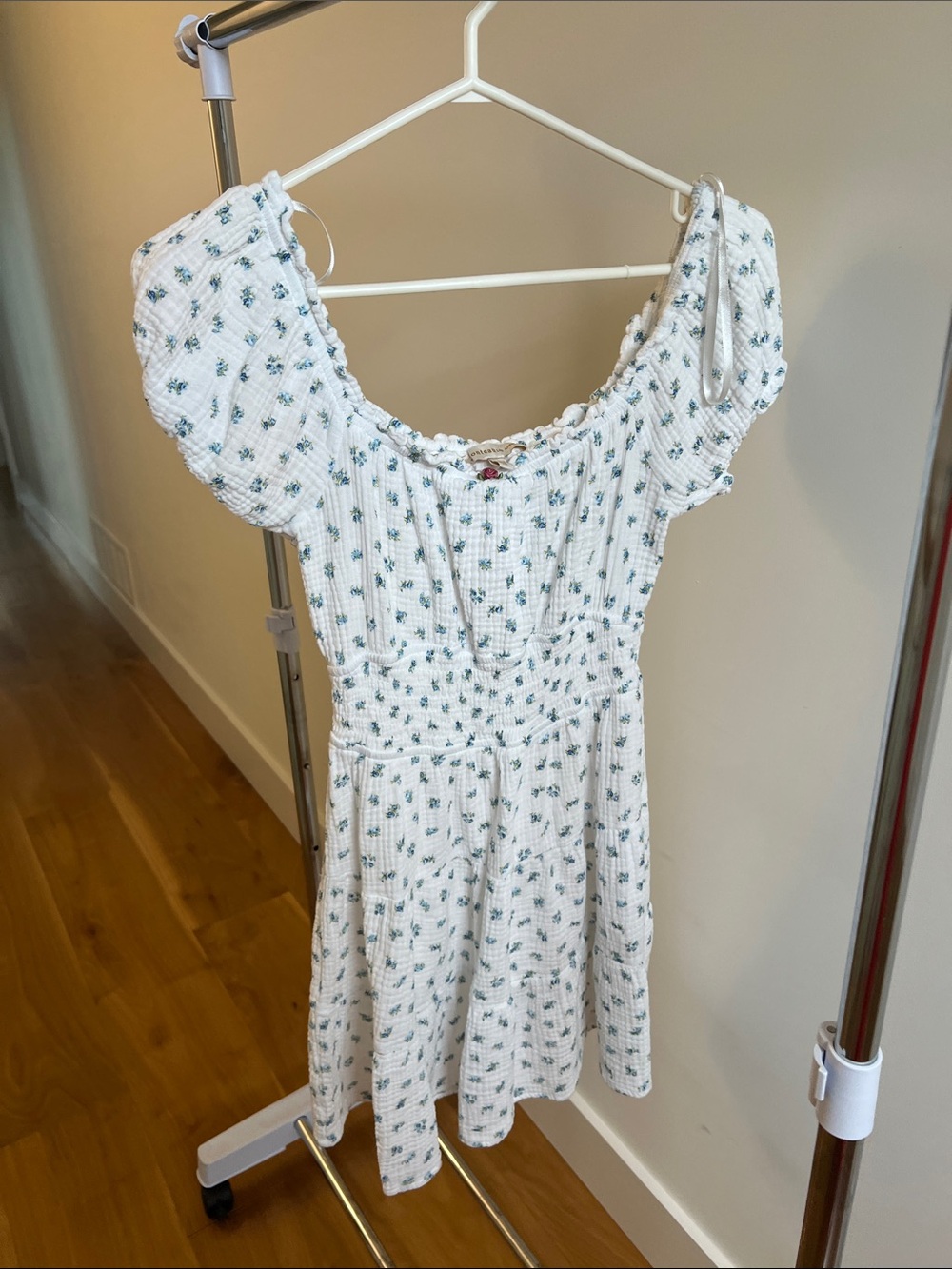 White Mini Dress with Blue and Green Floral Print and Puff Sleeves